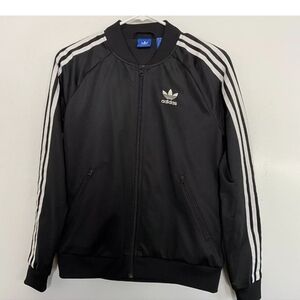 Adidas Small Jacket Three Stripes Zip-Up Black Track Coat Zip Pockets Logo Back